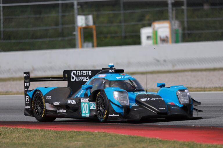Barcelona, Spain. 11th Apr 2026. #20 Oreca 07 - Gibson of Michael JENSEN (DEN) and Enzo TRULLI (ITA) and Malthe JAKOBSEN (DEN) (ALGARVE PRO RACING) prototype pushes through a high-speed section, maintaining a tight line along the edge of the circuit.. Credit: Craig Allan-McWilliams/Alamy Live News