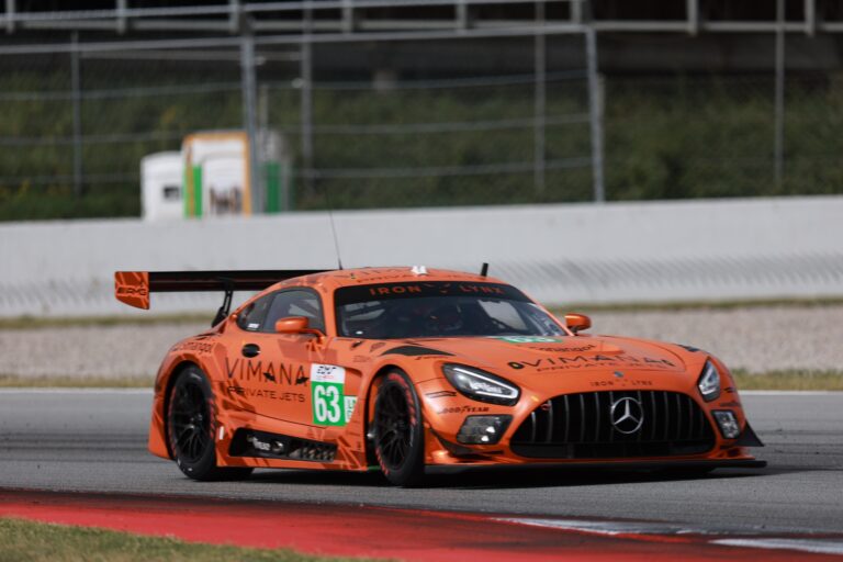 Barcelona, Spain. 11th Apr 2026. #63 Mercedes-AMG LMGT3 of Ameerh NARAN (GBR) and Rui ANDRADE (ANG) and Sergio SETTE CAMARA (BRA) (IRON LYNX) Mercedes-AMG GT3 pushes through a high-speed section during the second free practice session. The driver maintains a tight line as the car navigates the complexities of the circuit.. Credit: Craig Allan-McWilliams/Alamy Live News