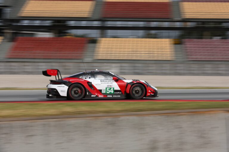 Barcelona, Spain. 11th Apr 2026. #54 Porsche 911 GT3 R LMGT3 of Dennis ANDERSEN (DEN) and Anders FJORDBACH (DEN) and Laurin HEINRICH (GER) (HIGH CLASS RACING) accelerates through the section during Free Practice 2, maintaining high speed against the backdrop of the grandstands.. Credit: Craig Allan-McWilliams/Alamy Live News