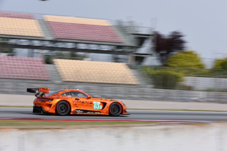 Barcelona, Spain. 11th Apr 2026. #63 Mercedes-AMG LMGT3 of Ameerh NARAN (GBR) and Rui ANDRADE (ANG) and Sergio SETTE CAMARA (BRA) (IRON LYNX) LMGT3 machine pushes hard through a high-speed section during Free Practice 2.. Credit: Craig Allan-McWilliams/Alamy Live News