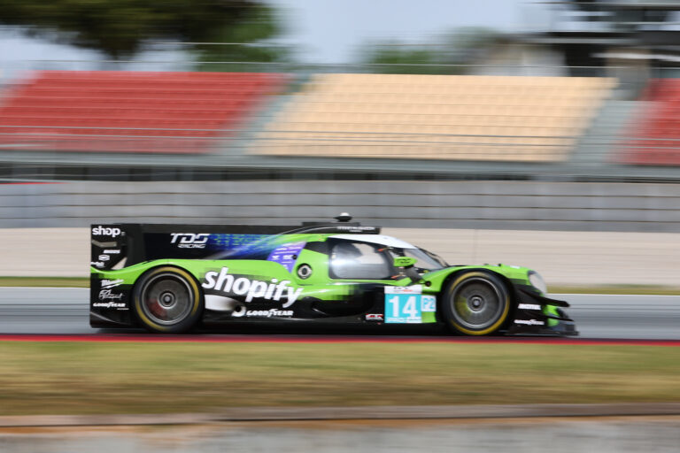 Barcelona, Spain. 11th Apr 2026. #14 Oreca 07 - Gibson of Steven THOMAS (USA) and Sami MEGUETOUNIF (FRA) and Scott HUFFAKER II (USA) (TDS RACING) prototype charges through the section at high speed during the second free practice session. The car maintains a tight line as it pushes toward the next corner.. Credit: Craig Allan-McWilliams/Alamy Live News
