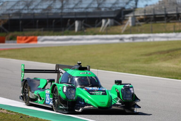 Barcelona, Spain. 6th Apr 2026. #29 Oreca 07 - Gibson of Louis ROUSSET (FRA) and Oliver GRAY (GBR) and Esteban MASSON (FRA) (FORESTIER RACING BY PANIS) Oreca prototype screams through the bend, pushing the limits of grip as it hunts for lap time during the morning session.. Credit: Tracey Allan-McWilliams/Alamy Live News