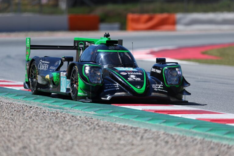 Barcelona, Spain. 6th Apr 2026. #30 Oreca 07 - Gibson of Giorgio RODA (ITA) and Richard VERSCHOOR (NED) and Doriane PIN (FRA) (DUQUEINE TEAM) Duqueine prototype pushes to the absolute limit, slicing through the corner with immense aerodynamic force as it hunts for every millisecond in this morning session.. Credit: Tracey Allan-McWilliams/Alamy Live News