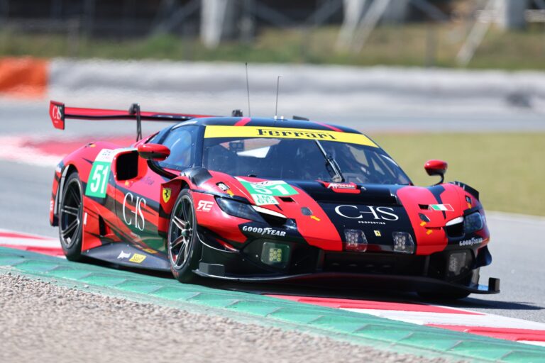 Barcelona, Spain. 6th Apr 2026. #51 Ferrari 296 LMGT3 Evo of Charles-Henri SAMANI (FRA) and Conrad LAURSEN (DEN) and Davide RIGON (ITA) (AF CORSE) Ferrari clings to the edge of the track, pushing the limits of grip as it attacks the corner during the morning session.  Credit: Tracey Allan-McWilliams/Alamy Live News