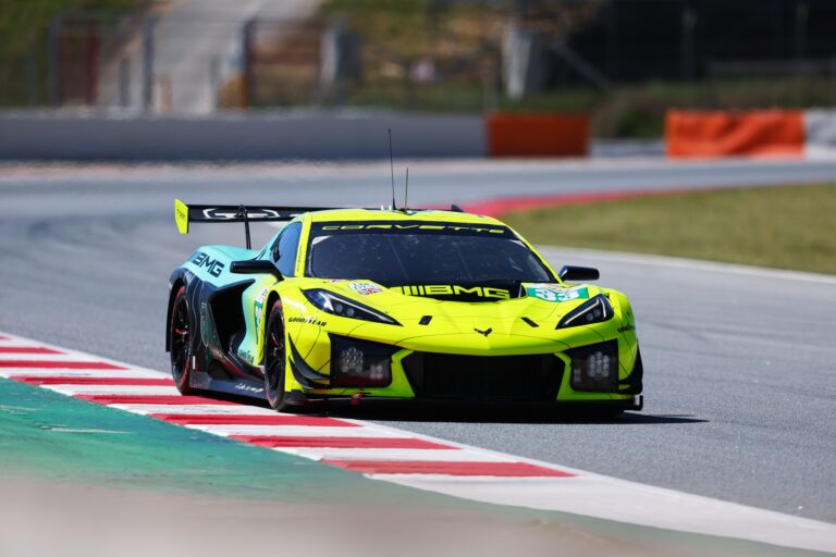 Barcelona, Spain. 6th Apr 2026. #33 Corvette Z06 LMGT3.R of Blake MCDONALD (USA) and Alec UDELL (USA) and Charlie EASTWOOD (IRL) (TF SPORT) Corvette LMGT3 machine pushes the limits of grip as it navigates a high-speed corner during the morning session.. Credit: Craig Allan-McWilliams/Alamy Live News