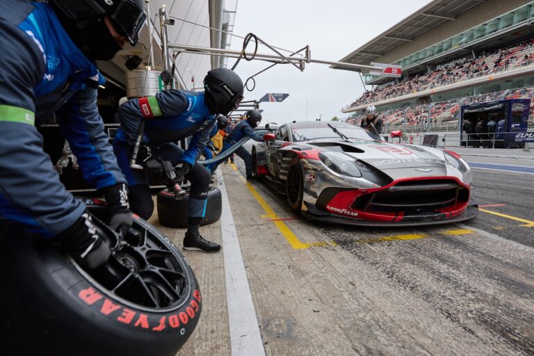Barcelona, Spain. 12th Apr 2026. #59 Aston Martin Vantage AMR LMGT3 of Clément MATEU (FRA) and Marius FOSSARD (FRA) and Valentin HASSE CLOT (FRA) (RACING SPIRIT OF LEMAN) Aston Martin undergoes a swift pit stop as crew members change tyres and refuel under pressure, with spectators watching from the grandstand.. Credit: Craig Allan-McWilliams