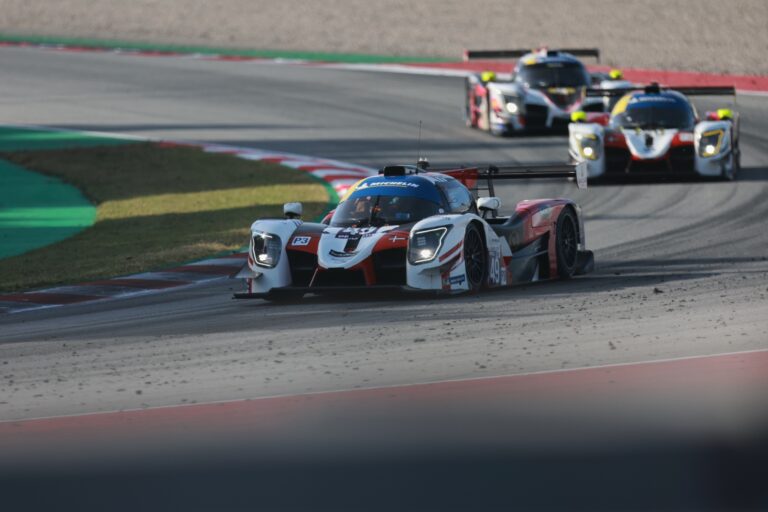 Barcelona, Spain. 10th Apr 2026. #49 Ligier JS P325 - Toyota of Michael HOVE (DEN) and Andrew RACKSTRAW (RSA) (HIGH CLASS RACING) LMP3 prototype leads a tight pack through the corner during the second free practice session. Pursuing prototypes maintain close proximity, fighting for position as they navigate the technical section of the circuit.. Credit: Craig Allan-McWilliams/Alamy Live News