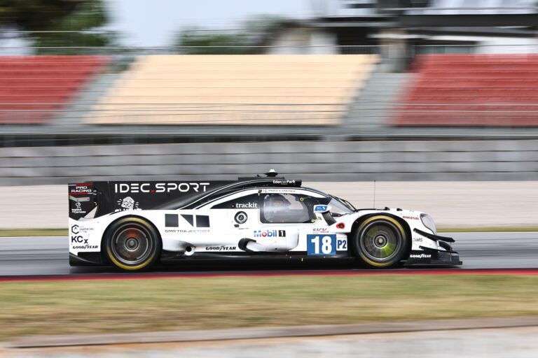 Barcelona, Spain. 11th Apr 2026. #18 Oreca 07 - Gibson of Jamie CHADWICK (GBR) and Valerio RINICELLA (ITA) and Laurents HÖRR (GER) (IDEC SPORT) LMP2 prototype streaks through a high-speed corner, driver focused as the blurred grandstands emphasize velocity and precision under race conditions.. Credit: Craig Allan-McWilliams