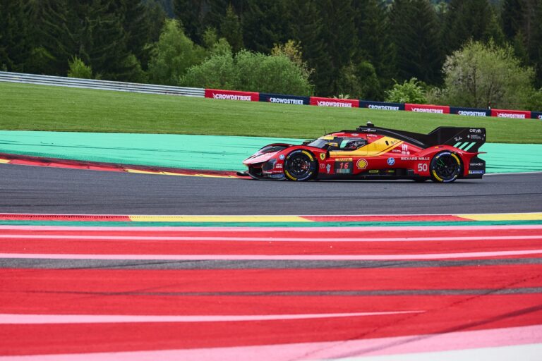 Spa, Belgium, 7th May 2026. 2026 FIA World Endurance Championship 6 Hours of Spa-Francorchamps at Circuit Spa-Francorchamps in Spa. #50 Ferrari 499P of Antonio FUOCO (ITA) and Miguel MOLINA (ESP) and Nicklas NIELSEN (DEN) (FERRARI AF CORSE) attacks a tight hairpin during Free Practice 2. Credit: Craig Allan-McWilliams