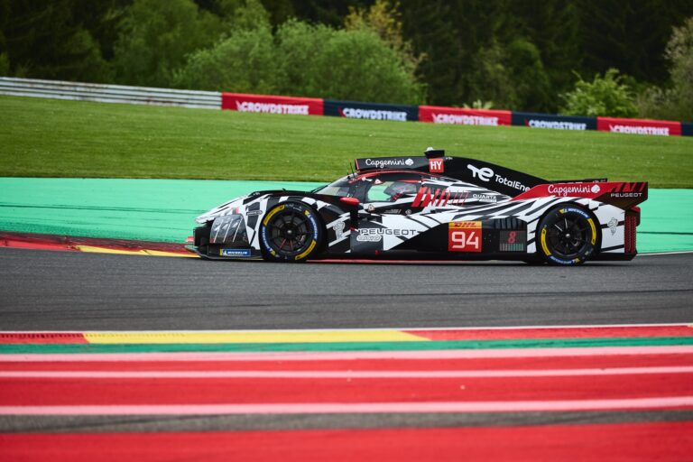 Spa, Belgium, 7th May 2026. 2026 FIA World Endurance Championship 6 Hours of Spa-Francorchamps at Circuit Spa-Francorchamps in Spa. #94 Peugeot 9X8 of Loïc DUVAL (FRA) and Malthe JAKOBSEN (DEN) and Théo POURCHAIRE (FRA) (PEUGEOT TOTALENERGIES) attacks the corner mid-turn during Free Practice 2. Credit: Craig Allan-McWilliams