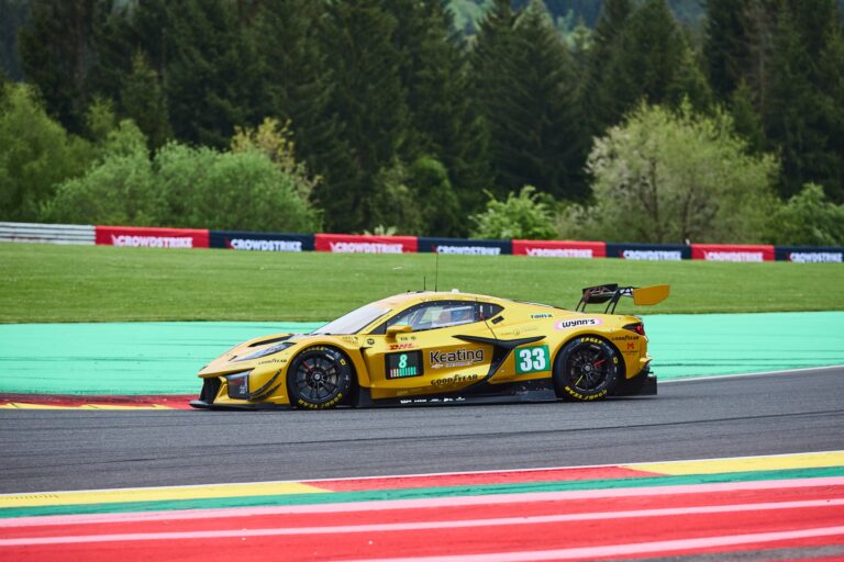 Spa, Belgium, 7th May 2026. 2026 FIA World Endurance Championship 6 Hours of Spa-Francorchamps at Circuit Spa-Francorchamps in Spa. #33 Corvette Z06 LMGT3.R of Blake MCDONALD (USA) and Jonny EDGAR (GBR) and Nicky CATSBURG (NED) (TF SPORT) Corvette Z06 LMGT.R attacks a fast sweeping corner during Free Practice 2. Credit: Craig Allan-McWilliams