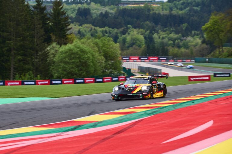 Spa, Belgium, 7th May 2026. 2026 FIA World Endurance Championship 6 Hours of Spa-Francorchamps at Circuit Spa-Francorchamps in Spa. #92 Porsche 911 GT3 R LMGT3 of Yasser SHAHIN (AUS) and Riccardo PERA (ITA) and Richard LIETZ (AUT) (THE BEND MANTHEY) runs ahead of the through a fast sweeping corner. Credit: Craig Allan-McWilliams