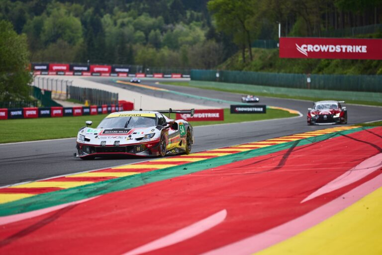 Spa, Belgium, 7th May 2026. 2026 FIA World Endurance Championship 6 Hours of Spa-Francorchamps at Circuit Spa-Francorchamps in Spa. #54 Ferrari 296 LMGT3 Evo of Thomas FLOHR (SUI) and Francesco CASTELLACCI (MON) and Davide RIGON (ITA) (VISTA AF CORSE) runs side by side with the through a fast sweeping corner. Credit: Craig Allan-McWilliams