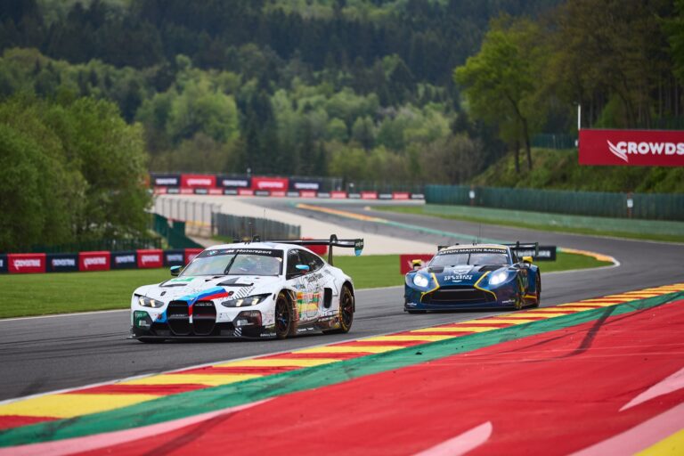 Spa, Belgium, 7th May 2026. 2026 FIA World Endurance Championship 6 Hours of Spa-Francorchamps at Circuit Spa-Francorchamps in Spa. #32 BMW M4 LMGT3 Evo of Darren LEUNG (GBR) and Sean GELAEL (INA) and Augusto FARFUS (BRA) (TEAM WRT) BMW runs side by side with the Aston Martin Racing through a fast sweeping corner. Credit: Craig Allan-McWilliams