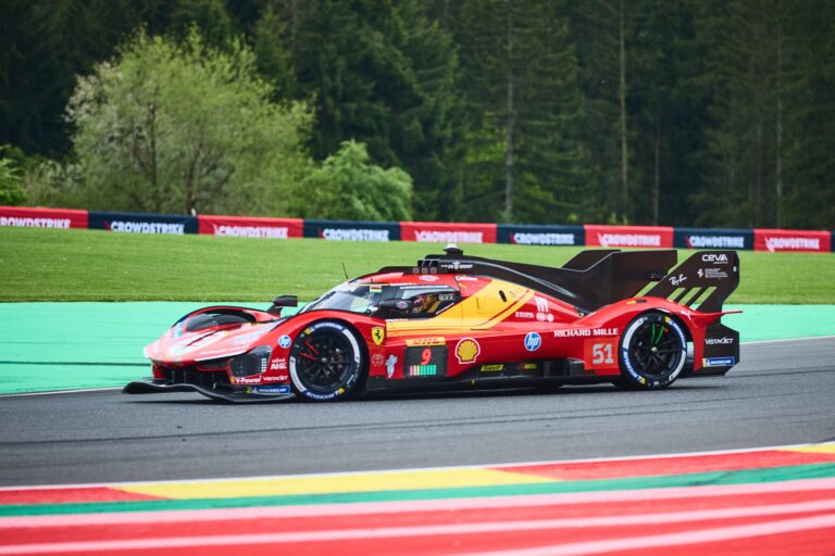 Spa, Belgium, 7th May 2026. 2026 FIA World Endurance Championship 6 Hours of Spa-Francorchamps at Circuit Spa-Francorchamps in Spa. #51 Ferrari 499P of Alessandro PIER GUIDI (ITA) and James CALADO (GBR) and Antonio GIOVINAZZI (ITA) (FERRARI AF CORSE) pushes through a fast sweeping corner during Free Practice 2. Credit: Craig Allan-McWilliams