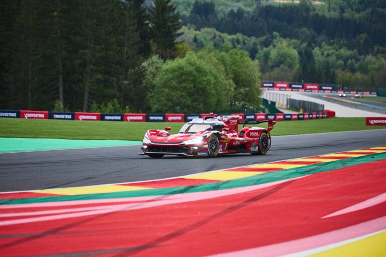 Spa, Belgium, 7th May 2026. 2026 FIA World Endurance Championship 6 Hours of Spa-Francorchamps at Circuit Spa-Francorchamps in Spa. #7 Toyota TR010 Hybrid of Mike CONWAY (GBR) and Kamui KOBAYASHI (JPN) and Nyck DE VRIES (NED) (TOYOTA RACING) Toyota attacks the kerb mid-corner through a tight hairpin. Credit: Craig Allan-McWilliams