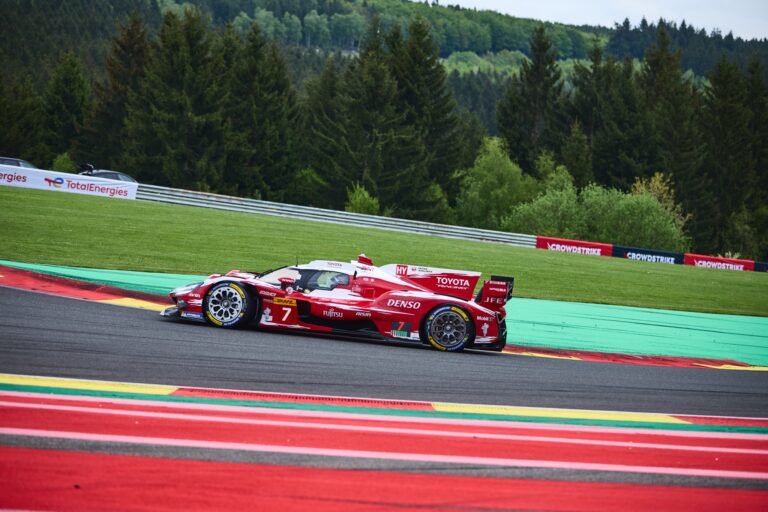 Spa, Belgium, 7th May 2026. 2026 FIA World Endurance Championship 6 Hours of Spa-Francorchamps at Circuit Spa-Francorchamps in Spa. #7 Toyota TR010 Hybrid of Mike CONWAY (GBR) and Kamui KOBAYASHI (JPN) and Nyck DE VRIES (NED) (TOYOTA RACING) Toyota attacks a fast sweeping corner during Free Practice 2. Credit: Craig Allan-McWilliams