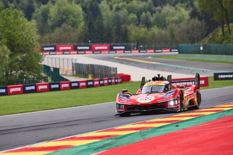 Spa, Belgium, 7th May 2026. 2026 FIA World Endurance Championship 6 Hours of Spa-Francorchamps at Circuit Spa-Francorchamps in Spa. #50 Ferrari 499P of Antonio FUOCO (ITA) and Miguel MOLINA (ESP) and Nicklas NIELSEN (DEN) (FERRARI AF CORSE) attacks a fast sweeping corner, the driver hard on the red and white curb. Credit: Craig Allan-McWilliams