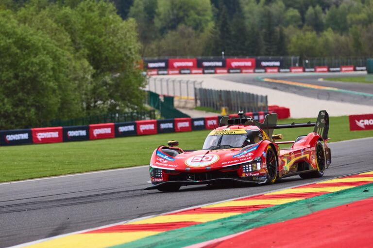 Spa, Belgium, 7th May 2026. 2026 FIA World Endurance Championship 6 Hours of Spa-Francorchamps at Circuit Spa-Francorchamps in Spa. #50 Ferrari 499P of Antonio FUOCO (ITA) and Miguel MOLINA (ESP) and Nicklas NIELSEN (DEN) (FERRARI AF CORSE) attacks a fast sweeping corner during Free Practice 2. Credit: Craig Allan-McWilliams