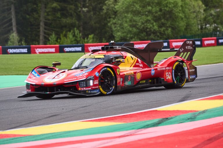 Spa, Belgium, 7th May 2026. 2026 FIA World Endurance Championship 6 Hours of Spa-Francorchamps at Circuit Spa-Francorchamps in Spa. #50 Ferrari 499P of Antonio FUOCO (ITA) and Miguel MOLINA (ESP) and Nicklas NIELSEN (DEN) (FERRARI AF CORSE) pushes through a fast sweeping corner during Free Practice 2. Credit: Craig Allan-McWilliams