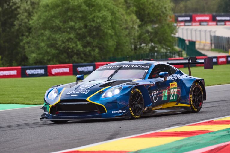 Spa, Belgium, 7th May 2026. 2026 FIA World Endurance Championship 6 Hours of Spa-Francorchamps at Circuit Spa-Francorchamps in Spa. #27 Aston Martin Vantage AMR LMGT3 of Ian JAMES (USA) and Zacharie ROBICHON (CAN) and Mattia DRUDI (ITA) (HEART OF RACING TEAM) Heart of Racing attacks the yellow curbing mid-corner. Credit: Craig Allan-McWilliams