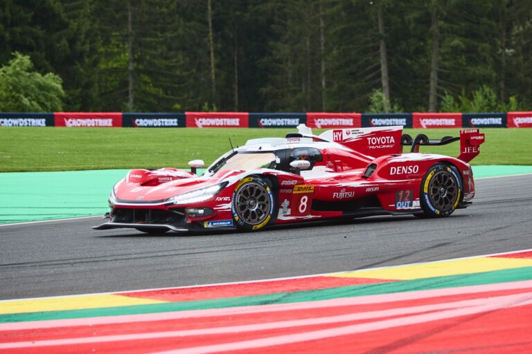 Spa, Belgium, 7th May 2026. 2026 FIA World Endurance Championship 6 Hours of Spa-Francorchamps at Circuit Spa-Francorchamps in Spa. #8 Toyota TR010 Hybrid of Sébastien BUEMI (SUI) and Brendon HARTLEY (NZL) and Ryō HIRAKAWA (JPN) (TOYOTA RACING) Toyota pushes through a corner during Free Practice 2. Credit: Craig Allan-McWilliams