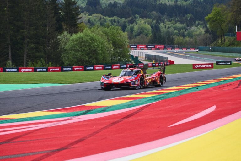 Spa, Belgium, 7th May 2026. 2026 FIA World Endurance Championship 6 Hours of Spa-Francorchamps at Circuit Spa-Francorchamps in Spa. #51 Ferrari 499P of Alessandro PIER GUIDI (ITA) and James CALADO (GBR) and Antonio GIOVINAZZI (ITA) (FERRARI AF CORSE) and accelerate side by side through a fast sweeping corner. Credit: Craig Allan-McWilliams