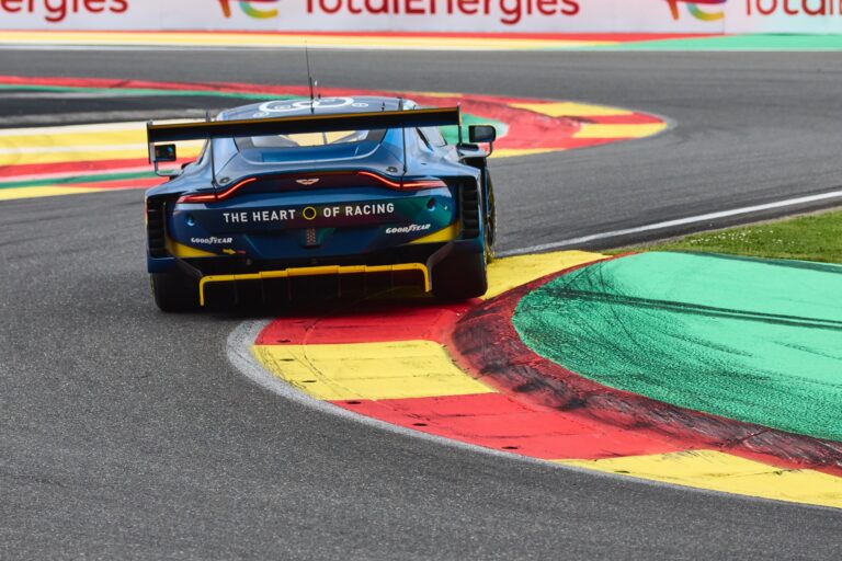 Spa, Belgium, 7th May 2026. 2026 FIA World Endurance Championship 6 Hours of Spa-Francorchamps at Circuit Spa-Francorchamps in Spa. #23 Aston Martin Vantage AMR LMGT3 of Gray NEWELL (USA) and Eduardo BARRICHELLO (BRA) and Jonny ADAM (GBR) (HEART OF RACING TEAM) LMGT3 entry attacks a tight hairpin mid-corner during Free Practice 2. Credit: Craig Allan-McWilliams