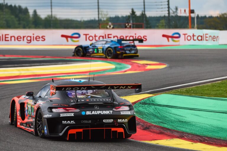 Spa, Belgium, 7th May 2026. 2026 FIA World Endurance Championship 6 Hours of Spa-Francorchamps at Circuit Spa-Francorchamps in Spa. #79 Mercedes-AMG LMGT3 of Johannes ZELGER (ITA) and Matteo CRESSONI (ITA) and Lin HODENIUS (NED) (IRON LYNX) follows another entry mid-corner through a fast sweeping section. Credit: Craig Allan-McWilliams
