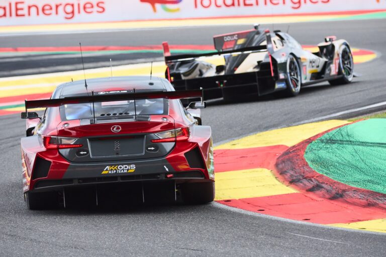 Spa, Belgium, 7th May 2026. 2026 FIA World Endurance Championship 6 Hours of Spa-Francorchamps at Circuit Spa-Francorchamps in Spa. #78 Lexus RC F LMGT3 of Tom VAN ROMPUY (BEL) and Hadrien DAVID (FRA) and Esteban MASSON (FRA) (AKKODIS ASP TEAM) Lexus accelerates through a fast sweeping corner with the following closely behind. Credit: Craig Allan-McWilliams