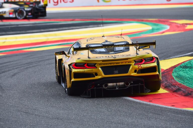 Spa, Belgium, 7th May 2026. 2026 FIA World Endurance Championship 6 Hours of Spa-Francorchamps at Circuit Spa-Francorchamps in Spa. #33 Corvette Z06 LMGT3.R of Blake MCDONALD (USA) and Jonny EDGAR (GBR) and Nicky CATSBURG (NED) (TF SPORT) runs side by side with another LMGT3 entry mid-corner. Credit: Craig Allan-McWilliams