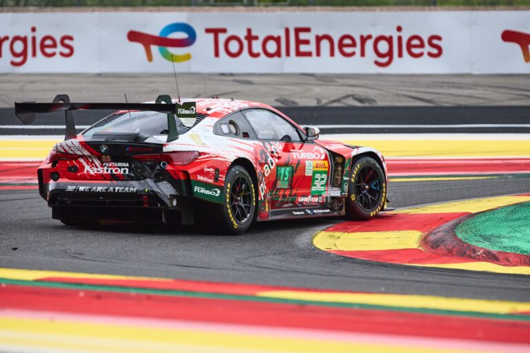Spa, Belgium, 7th May 2026. 2026 FIA World Endurance Championship 6 Hours of Spa-Francorchamps at Circuit Spa-Francorchamps in Spa. #32 BMW M4 LMGT3 Evo of Darren LEUNG (GBR) and Sean GELAEL (INA) and Augusto FARFUS (BRA) (TEAM WRT) attacks a red and yellow kerb mid-corner during Free Practice 2. Credit: Craig Allan-McWilliams