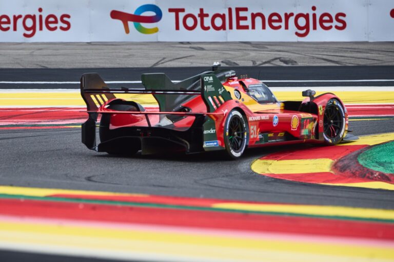 Spa, Belgium, 7th May 2026. 2026 FIA World Endurance Championship 6 Hours of Spa-Francorchamps at Circuit Spa-Francorchamps in Spa. #51 Ferrari 499P of Alessandro PIER GUIDI (ITA) and James CALADO (GBR) and Antonio GIOVINAZZI (ITA) (FERRARI AF CORSE) attacks the kerb mid-corner through a fast sweeping section. Credit: Craig Allan-McWilliams