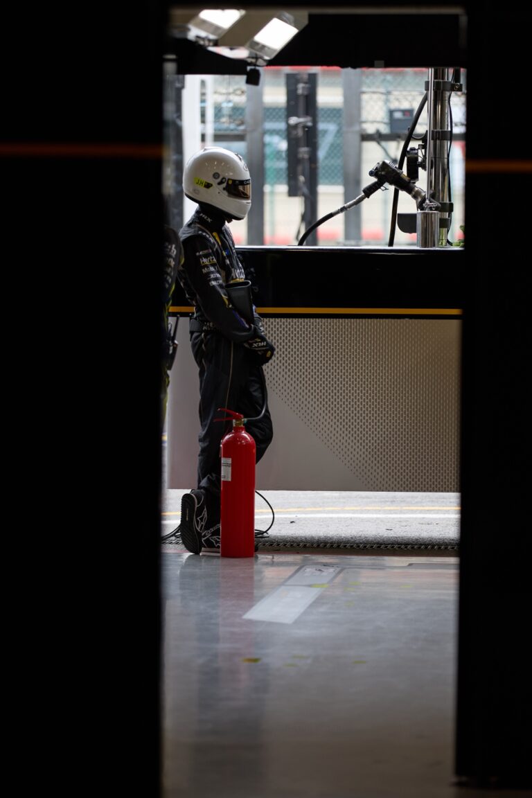 Spa, Belgium, 7th May 2026. 2026 FIA World Endurance Championship 6 Hours of Spa-Francorchamps at Circuit Spa-Francorchamps in Spa. #12 Cadillac V-Series.R mechanic standsby with fire extinguisher as the team manage fuel replenishment in the garage. Credit: Craig Allan-McWilliams