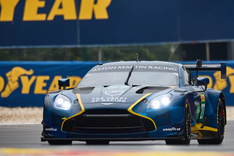Spa, Belgium, 8th May 2026. 2026 FIA World Endurance Championship 6 Hours of Spa-Francorchamps at Circuit Spa-Francorchamps in Spa. #27 Aston Martin Vantage AMR LMGT3 of Ian JAMES (USA) and Zacharie ROBICHON (CAN) and Mattia DRUDI (ITA) (HEART OF RACING TEAM) Heart of Racing accelerates with headlights on during Free Practice 3. Credit: Craig Allan-McWilliams