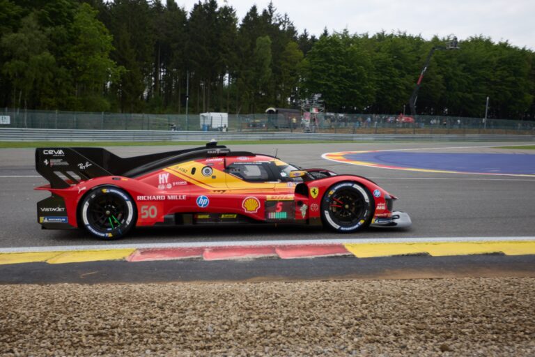 Spa, Belgium, 8th May 2026. 2026 FIA World Endurance Championship 6 Hours of Spa-Francorchamps at Circuit Spa-Francorchamps in Spa. #50 Ferrari 499P of Antonio FUOCO (ITA) and Miguel MOLINA (ESP) and Nicklas NIELSEN (DEN) (FERRARI AF CORSE) attacks the curb mid-corner during a fast sweeping section. Credit: Craig Allan-McWilliams