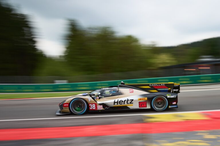 Spa, Belgium, 7th May 2026. 2026 FIA World Endurance Championship 6 Hours of Spa-Francorchamps at Circuit Spa-Francorchamps in Spa. #38 Cadillac V-Series.R of Earl BAMBER (NZL) and Sébastien BOURDAIS (FRA) and Jack AITKEN (GBR) (CADILLAC HERTZ TEAM JOTA) attacks the red and white curb mid-corner through a fast sweeping section. Credit: Craig Allan-McWilliams