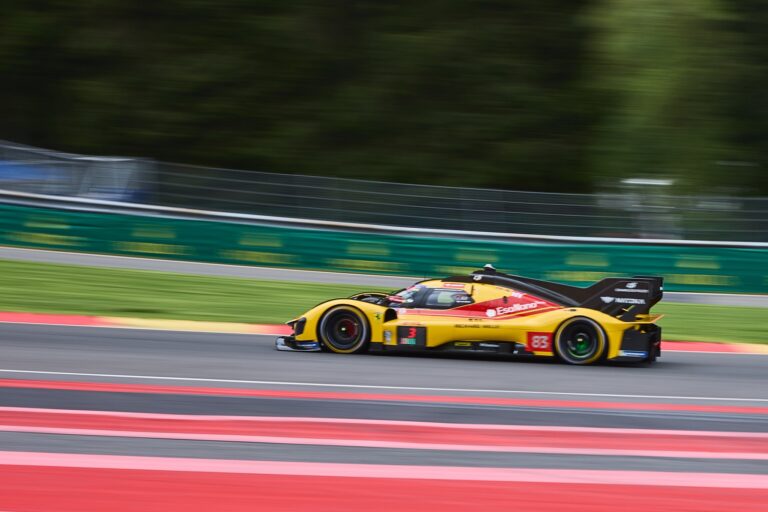 Spa, Belgium, 7th May 2026. 2026 FIA World Endurance Championship 6 Hours of Spa-Francorchamps at Circuit Spa-Francorchamps in Spa. #83 Ferrari 499P of Yifei YE (CHN) and Robert KUBICA (POL) and Philip HANSON (GBR) (AF CORSE) attacks a fast sweeping corner during Free Practice 1. Credit: Craig Allan-McWilliams