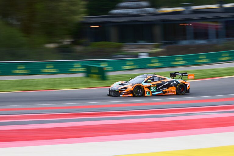 Spa, Belgium, 7th May 2026. 2026 FIA World Endurance Championship 6 Hours of Spa-Francorchamps at Circuit Spa-Francorchamps in Spa. #58 McLaren 720S LMGT3 Evo of Alexander WEST (SWE) and Finn GEHRSITZ (GER) and Benjamin GOETHE (GER) (GARAGE 59) attacks the red and white curbing mid-corner during a fast sweeping section. Credit: Craig Allan-McWilliams