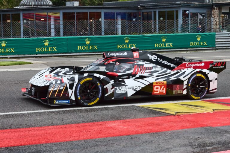 Spa, Belgium, 7th May 2026. 2026 FIA World Endurance Championship 6 Hours of Spa-Francorchamps at Circuit Spa-Francorchamps in Spa. #94 Peugeot 9X8 of Loïc DUVAL (FRA) and Malthe JAKOBSEN (DEN) and Théo POURCHAIRE (FRA) (PEUGEOT TOTALENERGIES) carries speed mid-corner during Free Practice 1. Credit: Craig Allan-McWilliams