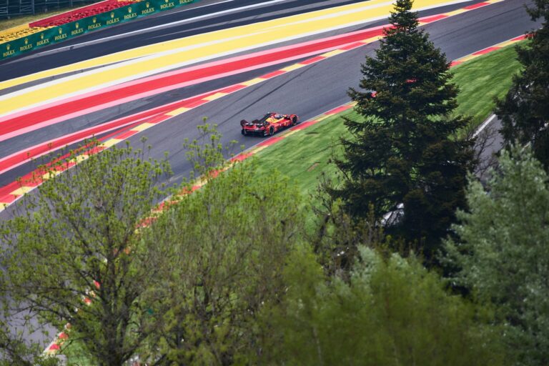 Spa, Belgium, 7th May 2026. 2026 FIA World Endurance Championship 6 Hours of Spa-Francorchamps at Circuit Spa-Francorchamps in Spa. #51 Ferrari 499P of Alessandro PIER GUIDI (ITA) and James CALADO (GBR) and Antonio GIOVINAZZI (ITA) (FERRARI AF CORSE) Ferrari accelerates hard up the Raidillon hill, hugging the inside kerbing on the exit of the complex. Credit: Craig Allan-McWilliams