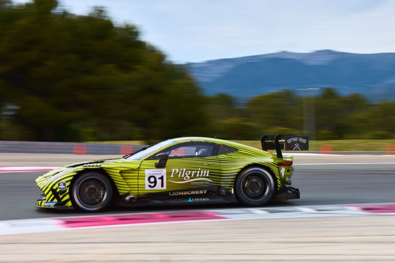 2nd May 2026. #91 Aston Martin Vantage AMR GT3 Evo of Claude BOVET (SUI) and Thomas CANNING (GBR) (ECURIE ECOSSE BLACKTHORN) Aston Martin races through a high-speed corner, its rear wing slicing the air as it maintains momentum under pressure. Credit: Craig Allan-McWilliams