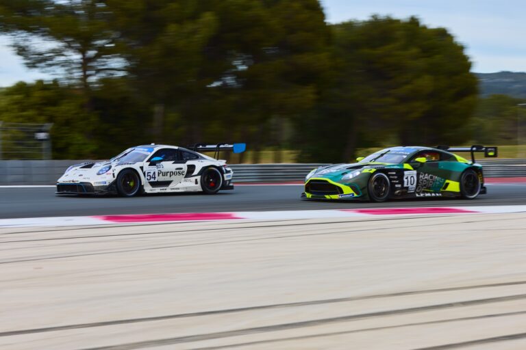 2nd May 2026. #54 Porsche 911 GT3 (992) Evo of Reinhold KRAHN (CAN) and Matteo CRESSONI (ITA) (DINAMIC GT) Porsche and Aston Martin battle side by side through a high-speed corner, wheels inches apart as they jostle for position. Credit: Craig Allan-McWilliams