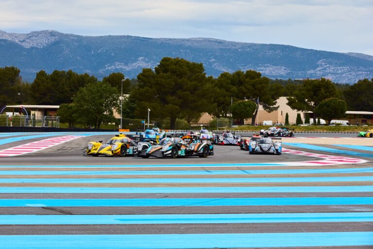 3rd May 2026. #3 Oreca 07 - Gibson of Jean GLORIEUX (BEL) and Marlon HERNANDEZ (FRA) and Sebastian ALVAREZ (MEX) (DKR ENGINEERING) and battle for position through the sweeping left-hander as the field compresses under pressure, engines roaring in unison. Credit: Craig Allan-McWilliams