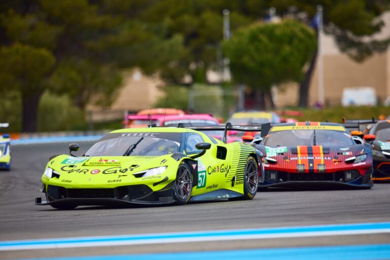 3rd May 2026. #57 Ferrari 296 LMGT3 Evo of Takeshi KIMURA (JPN) and Mathys JAUBERT (FRA) and Daniel SERRA (BRA) (KESSEL RACING) Lamborghini battles for position through a high-speed corner, closely shadowed by a Ferrari as both cars lean into the turn under pressure. Credit: Craig Allan-McWilliams