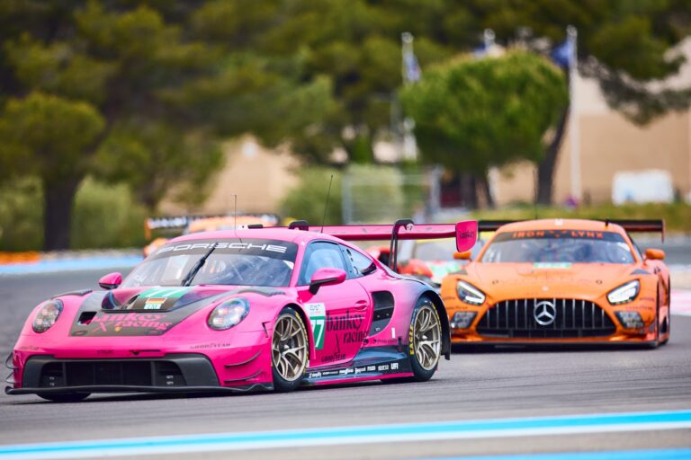 3rd May 2026. #77 Porsche 911 GT3 R LMGT3 of Bankcy (JPN) and Huub VAN EIJNDHOVEN (NED) and Joel STURM (GER) (PROTON COMPETITION) Porsche edges ahead of the orange Mercedes-AMG as both navigate a sweeping turn, locked in close combat under clear skies. Credit: Craig Allan-McWilliams