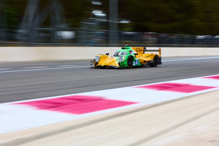 3rd May 2026. #43 Oreca 07 - Gibson of Jakub SMIECHOWSKI (POL) and Tom DILLMANN (FRA) and Luca GHIOTTO (ITA) (INTER EUROPOL COMPETITION) prototype races through a high-speed corner, its motion blur underscoring the intensity of endurance competition. Credit: Craig Allan-McWilliams