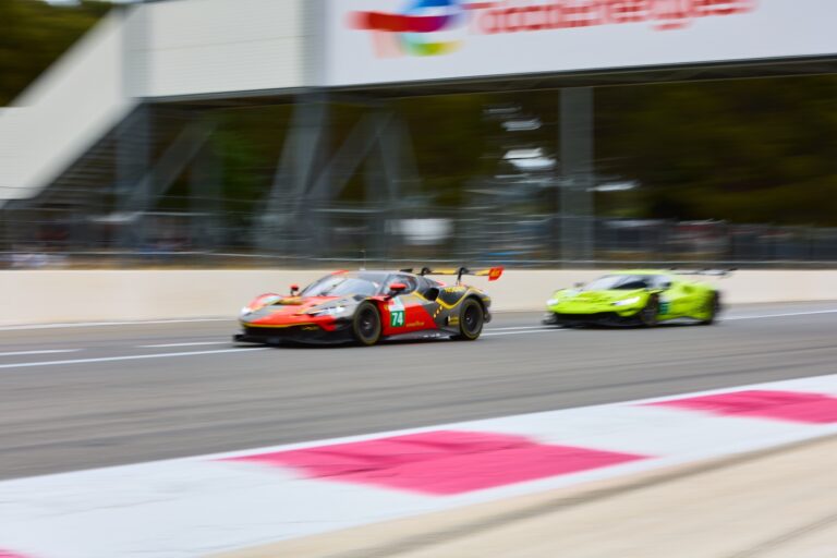 3rd May 2026. #74 Ferrari 296 LMGT3 Evo of Andrew GILBERT (UAE) and Fran RUEDA (ESP) and Romain LEROUX (FRA) (KESSEL RACING) battles for position alongside a rival as both cars accelerate through a high-speed section, their motion blurred against the trackside structures. Credit: Craig Allan-McWilliams