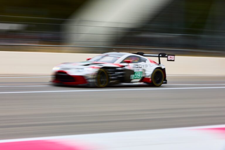 3rd May 2026. #59 Aston Martin Vantage AMR LMGT3 of Clément MATEU (FRA) and Marius FOSSARD (AND) and Valentin HASSE CLOT (FRA) (RACING SPIRIT OF LEMAN) GT3 challenger surges through a high-speed corner, its motion blur underscoring the intensity of the race. Credit: Craig Allan-McWilliams